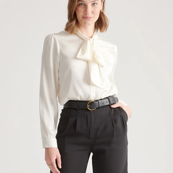 Quince Tops - Quince Washable Stretch Silk Tie Neck Blouse in Ivory